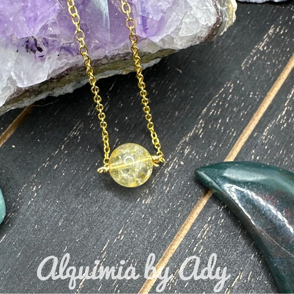 Citrine sphere/worry stone 925 Vermeil gold delicate necklace handmade unique - Picture 1 of 6